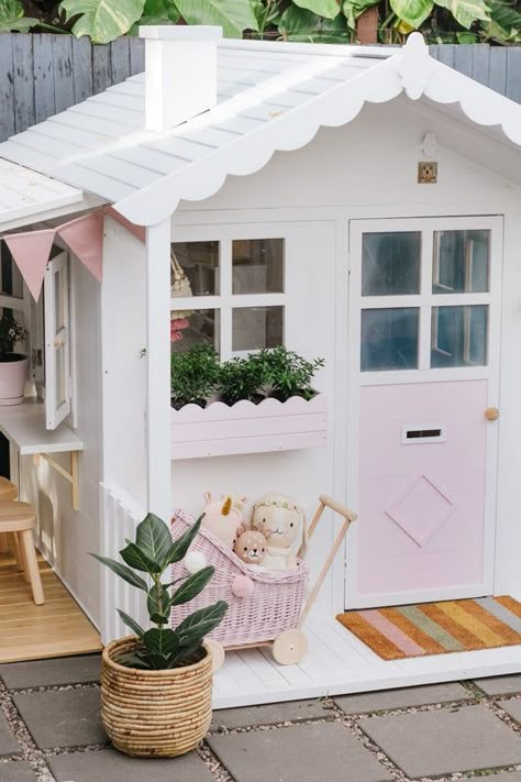 Playhouse | Mud Kitchens | Add-ons Pink And White Playhouse, Outside Playhouse Ideas, Girl Playhouse Outdoor, Kids Playhouse Outdoors Interior, Playhouse Decorating Ideas Interior, Play House Ideas Backyard, Inside Playhouse Ideas, Cottage Core Nursery, Playhouse Door