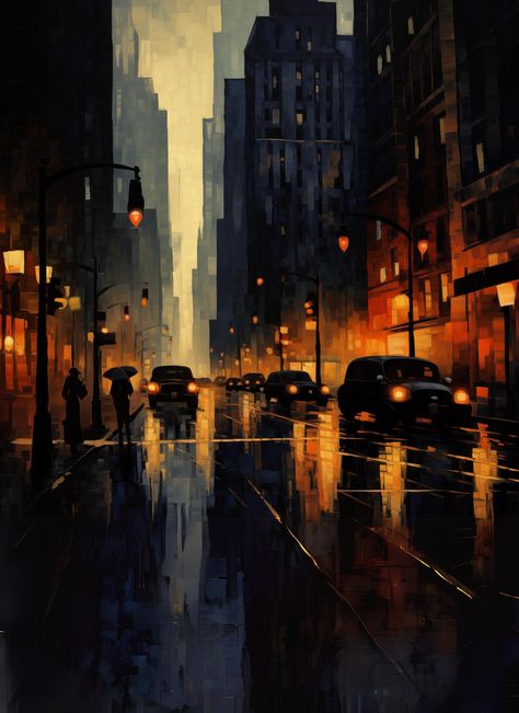 "Step into the captivating world of vintage allure with our exquisite digital print, \"City Hues.\" This enchanting piece captures the essence of a 1930s cityscape on a rainy night, inviting you to experience the romance and mystery of a bygone era. 🌆 Title: \"City Hues\" 🎨 Description: Indulge in the timeless charm of our digital print, \"City Hues.\" This captivating artwork transports you to the electric ambiance of a 1930s city on a rainy night. The play of light on wet pavements, the glow Paintings Of Cityscapes, Wet Streets Rainy Night, Driving Through City At Night, Dark City Scape, Urban Fantasy City, Rainy Night Painting, Rainy City Painting, City At Night Painting, City Night Painting