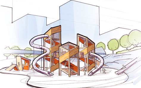 Rainbow Park, Commercial Indoor Playground, Playgrounds Architecture, Conceptual Sketches, Watercolor Architecture, Interior Design Sketches, Ribbon Sculpture, Architecture Design Sketch, Park Playground