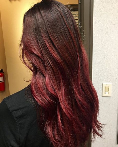 Red Balayage In Brown Hair, Dark Red Hair On Brunettes, Hair Cutstyles Medium Length, Deep Wine Hair Color Balayage, Soft Red Balayage Hair, Brown To Red Balayage Hair, Red Hair Ombre Brown, Under Hair Color Red, Red Ombre On Black Hair