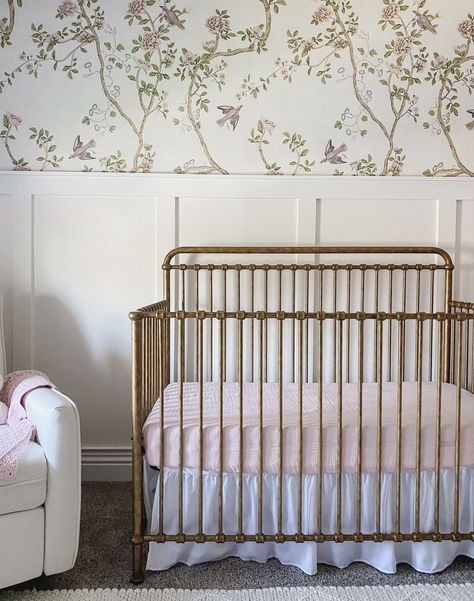 Gold Crib Nursery, Brass Crib, Pottery Barn Nursery, Pottery Barn Inspired Decorating, Nursery Inspiration Girl, French Nursery, French Coastal, Girly Nursery, Crib Nursery