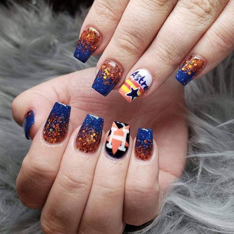 Houston Astros Nail Designs, Astros Nail Designs, Astros Nails, Houston Astros Nails, Baseball Nail Designs, Texas Nails, Baseball Nails, April Nails, Classic Nails