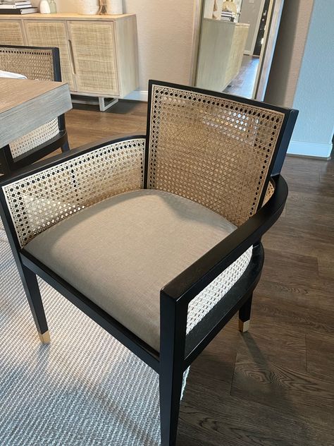 Black Rattan Chair, Black And White Chair, Rattan Rocking Chair, Basket Chair, Black Chair, Modern Accent Chair, Wicker Chairs, White Chair, White Cushions