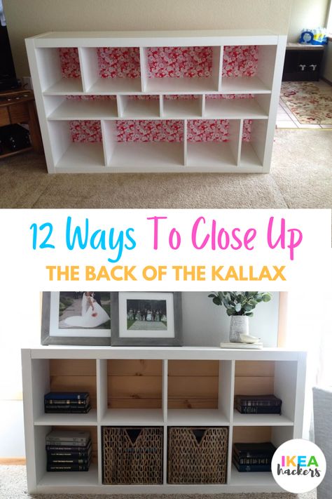 The KALLAX shelving unit comes with open cubes, which is why it makes such an awesome room divider. But there are times we need a back panel for the KALLAX. Such as when we use it as a media console. Closing up the back of the KALLAX immediately hides the ugly wires and power sockets. Or when used as storage and we don’t want stuff to fall behind the cubes. Painting A Kallax Unit, Kallax 8 Cube Tv Unit, Kallax Ikea Storage, Floating Kallax Shelf, Painted Kallax Shelves, Cube Storage Room Divider, Kallax Organization Ideas Office, Ikea Kallax Backing, Cube Shelf Room Divider