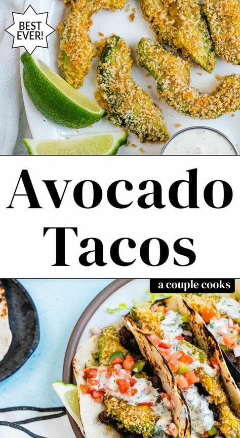 These crispy avocado tacos are destined to be your new favorite! With crunchy breading, they've got the vibe of a fish taco but are totally plant based. #avocado #tacos #avocadotacos #tacosrecipe #vegantacos #plantbasedtacos Avocado Tacos Recipes, Crispy Avocado Tacos, Baked Avocado Tacos, Broccoli Tacos Vegan, Fried Avacodo Taco, Vegan Fried Avocado, Fish Tacos With Avocado, Fried Avocado Tacos, Crispy Avocado