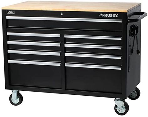 Husky Extra Deep 46 in. 9-Drawer Mobile Workbench - - Amazon.com Craftsman Workbench, Workbench On Wheels, Rolling Workbench, Portable Workbench, Mobile Workbench, Garage Work Bench, Cabinet Black, Tool Cabinet, Household Organization