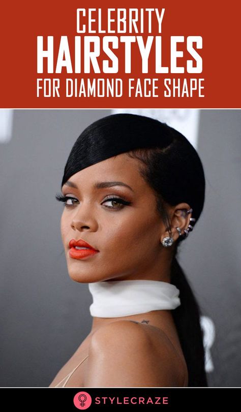 A diamond shaped face calls for a lot of care when selecting hair styles. A diamond face shape tends to have a very narrow hair line and also the chin tends to get very pointed. These are two factors to keep in mind constantly when picking a hairstyle for this face type. #celebrity #hairstyle Rhianna Hair Styles, Short Hair For Diamond Shape Face, Hair Cuts For Diamond Face Shape, Diamond Face Shape Celebrities, Diamond Face Hairstyles, Rhianna Hairstyles, Diamond Face Haircut, Hairstyles For Diamond Face Shape, Matching Hairstyles