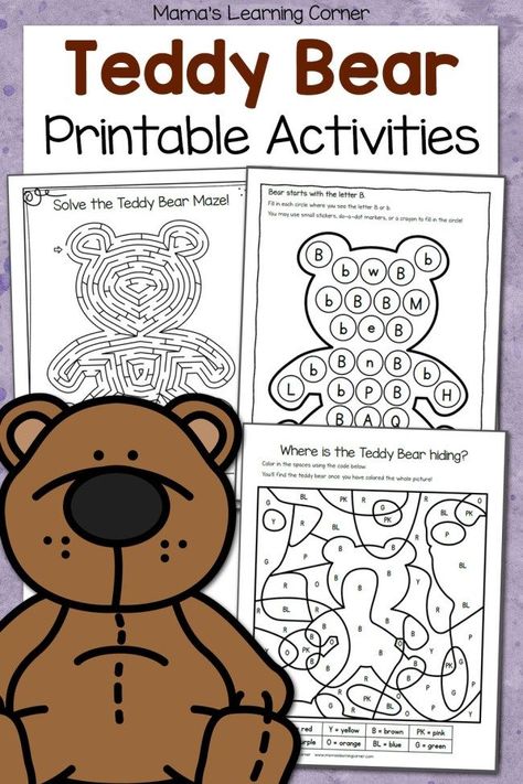 Teddy Bear Activities Printable Packet - Mamas Learning Corner Teddy Bear Worksheet, Teddy Bear Activities, Teddy Bear Template, Teddy Bear Picnic Birthday Party, Bear Activities, Bears Preschool, Bear Template, Teddy Bear Crafts, Worksheets For Preschoolers