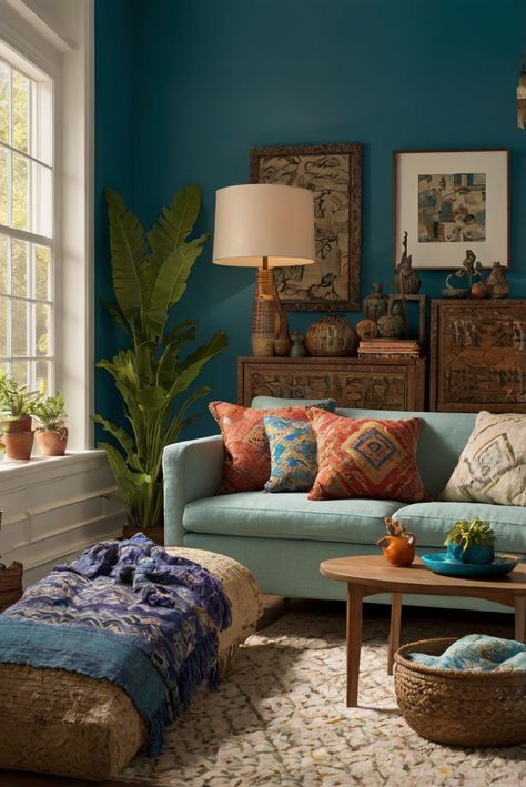 Unlock the secrets to transforming your space with global flair. Discover how to travel the world through your decor in 2024! #ad     #Colortrend #wallpaint2024  #color2024  #DIYpainting  ##DIYhomedecor  #Fixhome Jewel Tone Living Room, Best Color Combinations, Indigo Walls, Light Oak Floors, Havenly Living Room, Chic House, Earthy Neutrals, Perfect Color Combinations, Bohemian Style Decor