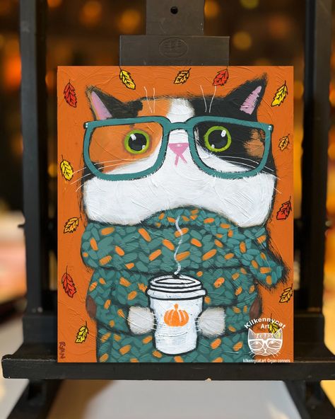 Kitties celebrating the first day of autumn with some pumpkin spice lattes! They broke out the scarves and sweaters too! 😺🧡🍂 New paintings in the shop! #autumnvibes #cat #art #artist #painting #kilkennycatart #autumn #pumpkinspice First Day Of Autumn, Pumpkin Spice Lattes, Folk Art Painting, Painted Pumpkins, Pumpkin Spice Latte, Artist Painting, Oil Pastel, Fall Vibes, Cat Art