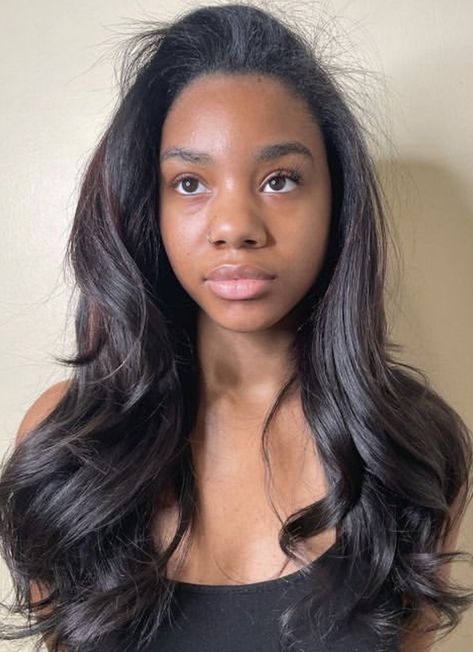 Silky Hair Black Women, Blowout Hairstyles Black Women Long Hair, Sew In Weave With Leave Out Layers, Sew In Blowout, Black Blowout Hairstyles, See In Side Part, See In Leave Out, Blowout Sew In, Sew In Wavy Hair