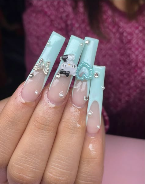 Hello kitty nails Blue Nails Hello Kitty, Light Blue Hello Kitty Nails, Green Hello Kitty Nails, Blue Hello Kitty Nails, Blue Hello Kitty, Light Blue Nails, Long Square Nails, Teal Nails, Baby Blue Nails