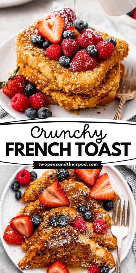 This Crunchy French Toast is a simple brunch recipe that starts with thick slices of Brioche bread dipped in a sweet vanilla cinnamon egg batter and coated in crunchy cornflakes. It makes a great Mother's Day brunch idea! Crunchy French Toast, Breakfast French Toast, Nutella French Toast, French Toast Waffles, Brioche French Toast, French Toast Breakfast, Crock Pot Desserts, Brioche Bread, Cheap Meal Ideas