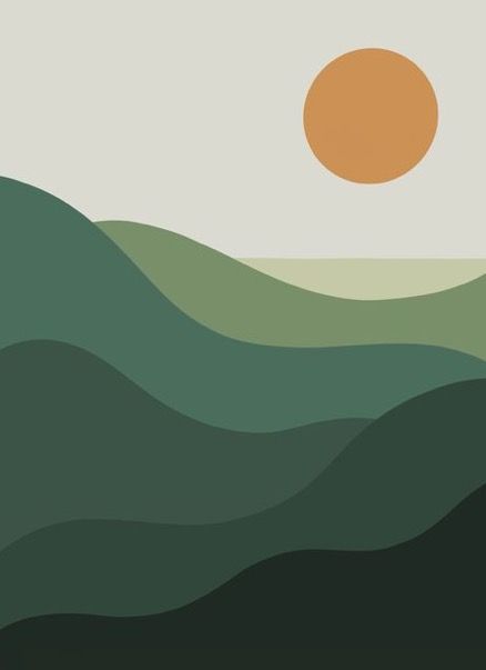 Mountains Illustration Simple, Sunrise Illustration Minimal, Simple Green Painting, Green Easy Painting, Green Painting Ideas Art Easy, Easy Minimalist Painting, Minimalist Painting Ideas, Hills Illustration, Easy Procreate Art