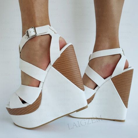 SEIIHEM Women Sandals Platform Wedges Patchwork High Heels Pumps Height Increase Ankle Strap Shoes Woman Big Size Welcome to customize colors/material, etc. More choices for you to be fashion & unique.  You MUST Contact us before placing an customize order.Or the shoes will be sent with default options in our listing. Bridal Shoes Wedges, High Heels For Prom, Platform Pumps Heels, Height Increase, Shoes Heels Classy, Black High Heel Boots, Sandals Platform, Fun Heels, Platform Wedge Heels