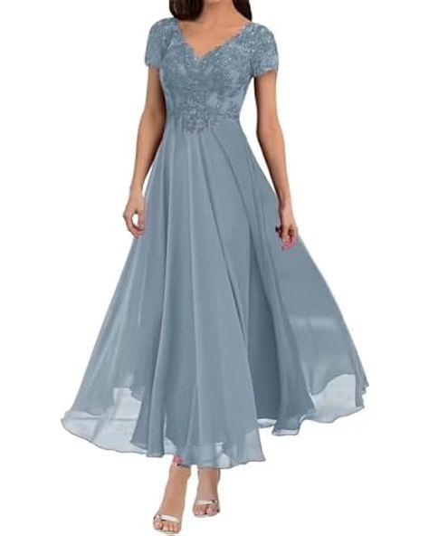 HANVAIOS Tea Length Mother of Groom Dresses for Wedding Champagne Lace Chiffon V-Neck Formal Dress with Sleeves Size 8 at Amazon Women’s Clothing store Tea Length Dresses Formal, Grandmother Of The Bride Dresses, Groom Dresses For Wedding, Formal Dress With Sleeves, Dresses Tea Length, Evening Dresses Midi, Short Wedding Gowns, Elegant Summer Dresses, Mother Of Groom