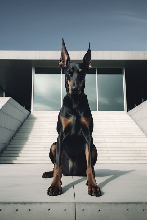 Photography of a doberman dog in standing in front of a modern design house. Dog Reference, Dog Anatomy, Doberman Dogs, Cute Dog Photos, House Photography, Front View, Cozy Corner, Dog Photos, Doberman