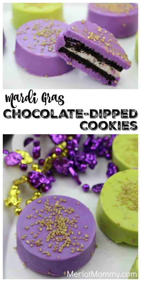 Mardi Gras Chocolate-Dipped Cookies Mardi Gras Chocolate Covered Oreos, Mardi Gras Snacks, Chocolate Boards, Mardi Gras Party Food, Mardi Gras Desserts, Nola Recipes, Mardi Grad, Louisiana Cooking, Mardi Gras Party Decorations