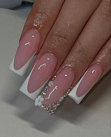 There's a new beauty trend taking over Instagram and it's absolutely stunning. Say hello to "quartz nails". Nails Acrylic Frenchies, Simple Nail Sets Acrylic, Cute Simple Nails With Gems, Medium Nail Sets Acrylic, Plain Birthday Nails, Bling Out French Tips, Easy Nail Sets, French Tip Nails With Rhinestones Bling, Square French Nails With Design