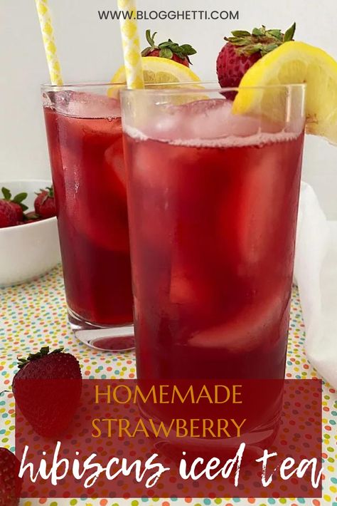 This Homemade Strawberry Hibiscus Iced Tea is a wonderfully refreshing summer drink and is made with fresh strawberries and hibiscus tea. It’s a lightly sweetened iced tea that will cool you down on a hot day. Hibiscus Strawberry Drink, Strawberry Hibiscus Lemonade, Strawberry Hibiscus Tea, Hibiscus Tea Drinks, Hibiscus Tea Lemonade, Iced Hibiscus Tea, Hibiscus Recipe, Hibiscus Iced Tea, Fruit Tea Recipes