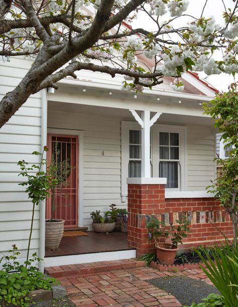 This California Bungalow Conceals A Deliciously Bold Interior California Bungalow Renovation, California Bungalow Australian Interior, California Cottage, White Bungalow Exterior, California Bungalow Australian, Californian Bungalow Interior, California Bungalow Exterior, Bungalow Porch, White Bungalow