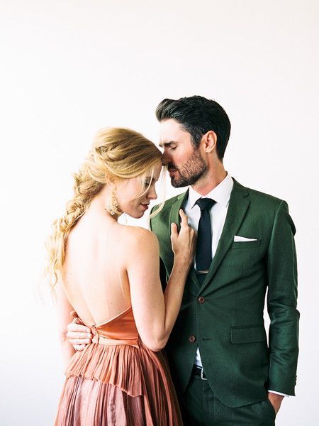 editorial couple - Leanne Marshall rust colored wedding gown // dark green suit // fishtail braid for a bride // Kristen Krehbiel - Kristen Kay Photography // #leannemarshall #weddingdress #greensuit Dark Green Suit, Green Wedding Suit, Colored Wedding Gowns, Plan Wedding, Leanne Marshall, Wedding Gown Inspiration, Plan A Wedding, Gown Inspiration, Fishtail Braid