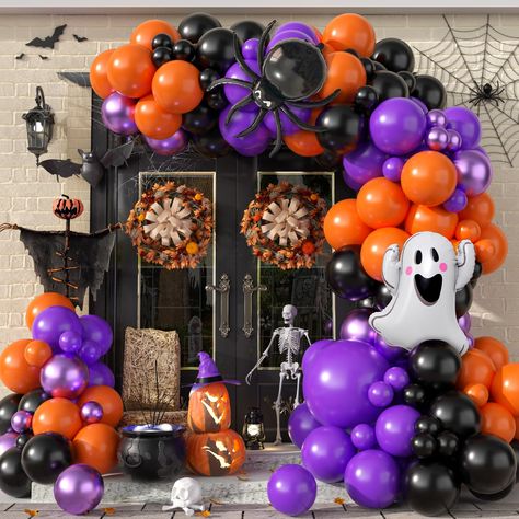 PRICES MAY VARY. 【Package Contents】This halloween balloon arch kit includes 40pcs 5-inch black orange purple metallic balloons, 63pcs 10-inch black orange purple metallic balloons, 1pcs 18-inch purple balloon, 1pcs ghost foil balloon, and 1pcs black spider foil balloon, 1pcs 10M silver ribbon, 2pcs dispensing dots, 1pcs 5M balloon tape strip, With a total one Halloween balloons, this set provides everything you need to create a spooky and festive atmosphere. 【Premium Quality】Halloween birthday p Halloween Balloon Arches, Halloween Balloon Backdrop, Birthday Decorations Purple, Black And Purple Halloween, Halloween Balloon Arch, Halloween Birthday Decorations, Column Ideas, Purple Party Decorations, Purple Balloon