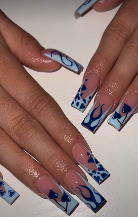 Blue Fire Nails Acrylic, Blue Nail Set Ideas, Spray Nails Design, Fast And Furious Nails Ideas, Blue Alligator Nails, R On Nails, Fire French Tip Nails, 8 Ball Acrylic Nails, Fun Long Nails