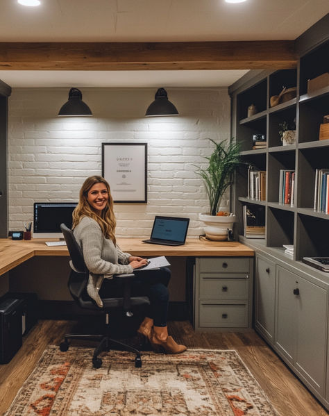 Basement home office renovation. Turn your unfinished basement into a great workspace with bookcase. #homeoffice #renovation #basement #office #basementoffice #basementfinish #desk #workspace #bookcase Garage Office Combo, Basement Office Craft Room, Basement Computer Area, Full Wall Office Desk, Basement Built In Desk, Basement Remodel With Office, Office Space In Kitchen Area, Masculine Sports Office, Best Home Office Background