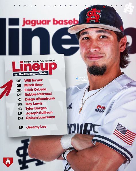 Baseball Lineup Graphic, Starting Xi Graphic, Lineup Graphic, Sports Magazine Design, Team Lineup, College Sports Graphics, Baseball Lineup, Modern Post, Sports Design Ideas