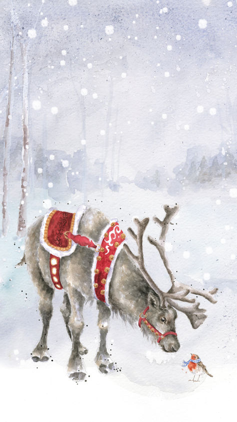 Reindeer and Robin Phone Wallpaper by Wrendale Designs Wrendale Designs, Cosy Christmas, Robins, Phone Wallpapers, Reindeer, Phone Wallpaper, Cute Animals, Wallpapers, Hand Painted