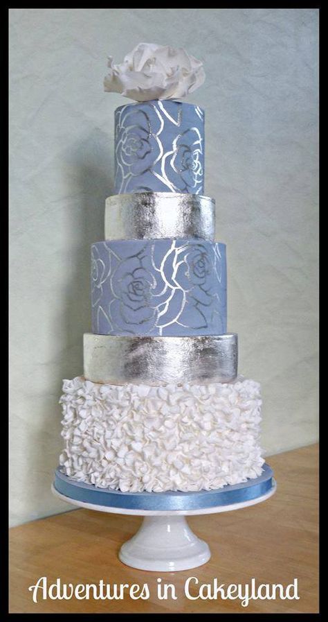 silver leaf and handpainting Blue And Silver Wedding, Ruffled Cake, Silver Wedding Cake, Silver Cake, Dream Wedding Cake, Wedding Cakes Blue, Gateaux Cake, Amazing Wedding Cakes, Blue Cakes