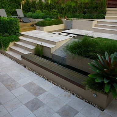 Split Level Garden Outdoor Design Ideas, Pictures, Remodel and Decor Outdoor Flooring Options, Exterior Steps, Travertine Patio, Tiles Outdoor, Terraced Backyard, Stone Tile Flooring, Travertine Outdoor, Travertine Tiles, Travertine Pavers