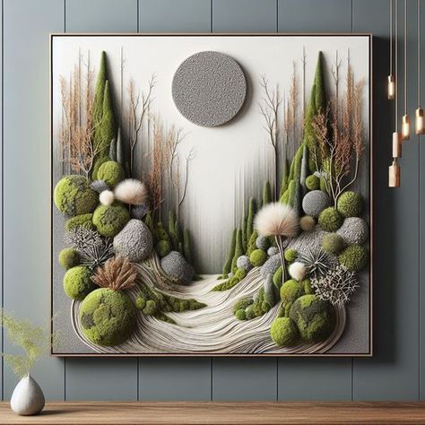 Idea for creating wall art with preserved moss in a coastal style focuses on merging the lush, green textures of moss with elements reminiscent of the seaside to evoke a sense of tranquility and natural beauty. Moss Ideas, Green Textures, Enchanted Mirror, Texture Painting Techniques, Air Plants Decor, Planter Project, Moss Decor, Living Walls, Cement Art