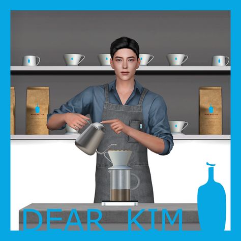 BLUE BOTTLE COFFEE COLLAB (Individual Pose Pack Added) | DearKim on Patreon Give Me A Nickname, Barista Uniform, Gorilla Gorilla, Blue Bottle Coffee, Coffee Outfit, Coffee Barista, Sims Four, Blue Bottle, Joy Of Life