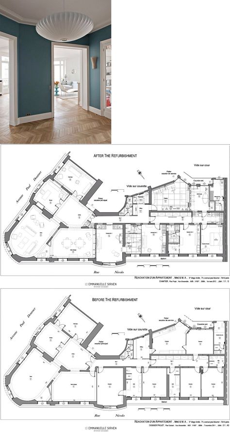 A Parisian Flat | Emmanuelle Sirven | Interior architect & Designer Parisian Apartment Floor Plan, Paris Apartment Floor Plan, Haussmann Interior, Apartment Blueprints, Haussmann Architecture, Parisian Flat, City Living Apartment, Corner Building, Paris Flat