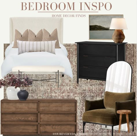 Tan Bed Bedroom Ideas, Rug Over Brown Carpet Bedroom, Vintage Organic Modern Bedroom, Tan Guest Bedroom, River House Bedroom Ideas, Tv Console In Bedroom, Traditional Small Bedroom, Bedroom Tv Console Ideas, Tv In Master Bedrooms Decor