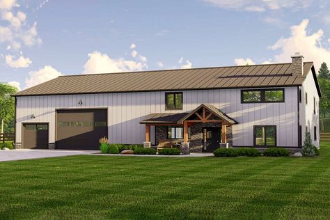 2-Story 4-Bedroom Barndominium with Front-Entry Garage (House Plan) 2 Story 4 Bed Barndominium Floor Plans, Metal Barndominium Floor Plans, Corrugated Metal Siding, Barn Plan, Barn Style House Plans, Barndominium Floor Plans, Building House, Metal Barn, Safe Room