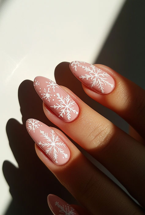 Cute Pink Snowflakes Nail Designs for Christmas Festive Nails Snowflake, Cute January Nails Pink, Holiday Pink Nails, Christmas Matte Nails, Holiday Short Nails, Christmas Nails Matte, Christmas Nails Short Simple, Matte Christmas Nails, Pink Snowflake Nails