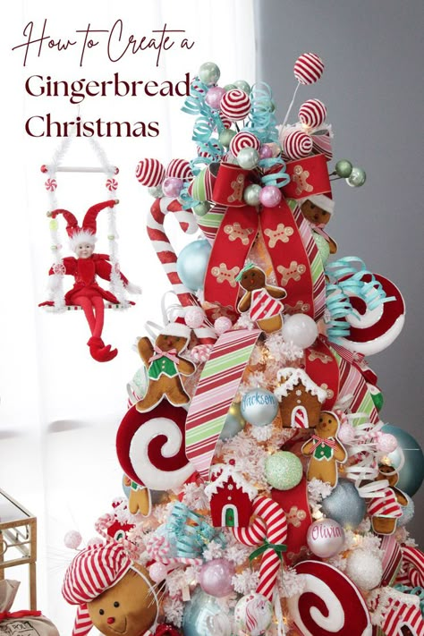 Sweeten your holidays with our Gingerbread Christmas decorating style. Featuring gingerbread characters of all sizes, candy ornaments, and a festive colour palette of red, green, and white mixed with soft pink, mint green, and baby blue for a playful and joyful holiday look. Gingerbread House Tree Topper, Pink Red Green Christmas Decor, Pink And Red Gingerbread Christmas Tree, Gingerbread Candy Christmas Tree, Gingerbread And Candy Christmas Tree, Gingerbread Christmas Tree Ideas, Gingerbread Characters, Gingerbread Man Christmas Tree, Gingerbread Christmas Tree