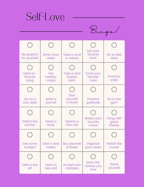 Self LOVE Bingo. M91 Purple or green theme. Self Love Bingo, Love Bingo, Custom Bingo Cards, Bingo Card Template, Free Bingo Cards, Valentine Bingo, Green Flags, Romantic Games, Bingo Template