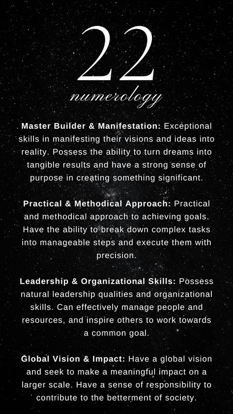 Master number 22 is considered to be the master builder. This number applies to life path (primary), expression number, soul urge (heart's desire), and birthday number. It's worth noting that the traits of the number 22 indicate a significant potential for creating lasting and impactful changes. Number 22 individuals often have a strong drive to leave a lasting legacy and make a positive difference in the world. Master 22 Numerology, 22 Number Meaning, Numerology Master Numbers, Master Numbers Meaning, 22 Master Number, 22 Life Path Number, Master Number 22 Meaning, Life Path 22 Numerology, Number 22 Meaning