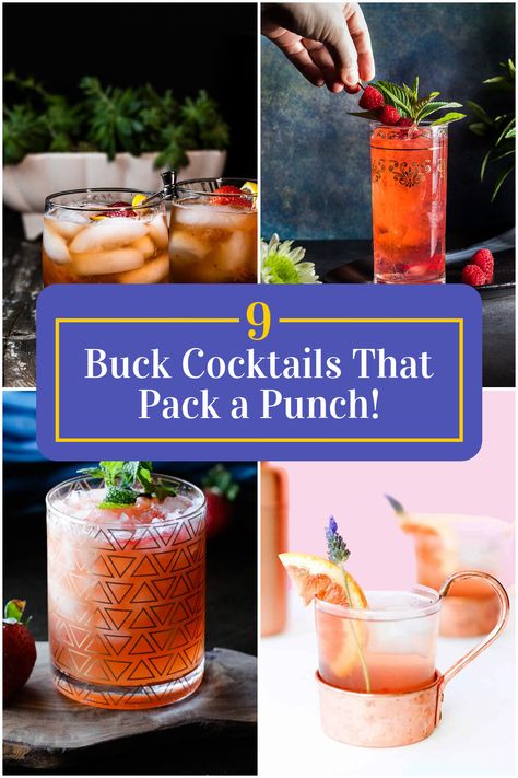 Collage of 4 buck cocktails. Western Cocktail, Red Stag Drinks Cocktails, Alaska Duck Fart Cocktail, Kentucky Buck Cocktail, Mountain Dew Cocktail, Campfire S’mores Cocktail, Buck Eyes, Uncle Buck, Drink Names