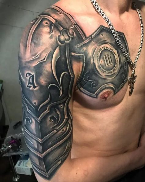 Warrior Shoulder Tattoo Tattoo Chest And Shoulder, Armor Sleeve Tattoo, Armor Of God Tattoo, Armour Tattoo, Shoulder Armor Tattoo, Scottish Tattoos, Body Armor Tattoo, Armor Tattoo, Mens Shoulder Tattoo