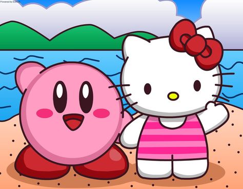 Kirby and Hello Kitty in Beach by Kittykun123.deviantart.com on @DeviantArt - Tap the link now to see all of our cool cat collections! Kirby And Hello Kitty, Charmy Kitty, Drawing Sunset, Kidcore Art, Pokemon Painting, Hello Sanrio, Tropical Girl, Trippy Painting, Hello Kitty Aesthetic