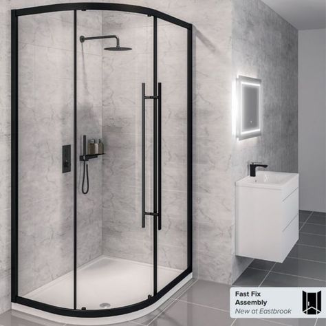 Eastbrook Vantage Easy Clean Offset Quadrant Shower Enclosure - 1100mm x 760mm - Matt Black - 49.0072 Shower Cabinet, Loft Ensuite, Downstairs Shower Room, Small Ensuite, Bathroom Loft, Small Shower Room, All White Bathroom, Garden Arch Trellis, Artistic Bathroom