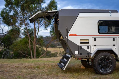 Domino off-road trailer transitions from travel to camp mode on the push of a button – Yanko Design Overlander Trailer, Off Grid Trailers, Off Road Camper Trailer, Off Road Trailer, Australian Outback, Off Road Camper, The Push, Tent Poles, Drag Racing Cars