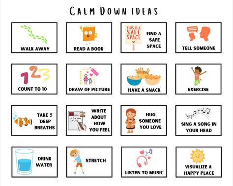 Calming down strategies for kids Calm Down Binder, Calm Down Chart, Calm Corner In Classroom, Calm Down Ideas, Calm Down Cards, Family Conversation Cards, Notes For Kids Lunches, Calm Down Kit, Homeschool Montessori