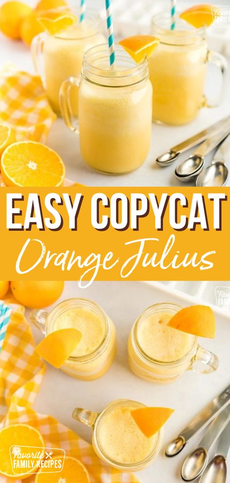 These copycat Orange Julius smoothies are so easy to make and don't make a big mess! For an added twist, try adding fresh strawberries, raspberries, and/or pineapple. #orangejulius #smoothie #orangesmoothie #oranges #copycatrecipes Fresh Fruit Slushies, Orange Julius Smoothie, Orange Julius Recipe, Orange Julius, Smoothie Diet Plans, Easy Drinks, Homemade Soup, Easy Family Meals, Smoothie Recipes Healthy