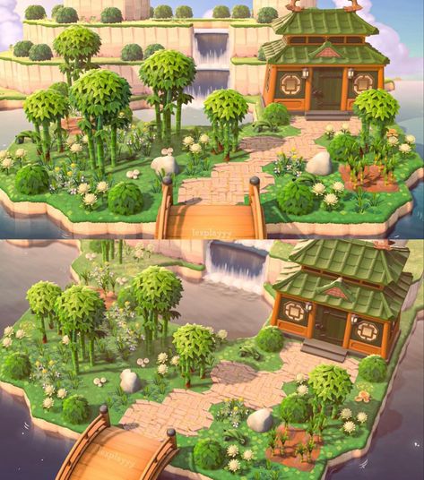 Acnh Vacation Home, Vacation Home Exterior, Animal Crossing Zen Garden, Japanese Home Exterior, Japanese Neighborhood, Japanese Forest, Animal Crossing Wild World, Animal Crossing Qr Codes Clothes, Island Theme